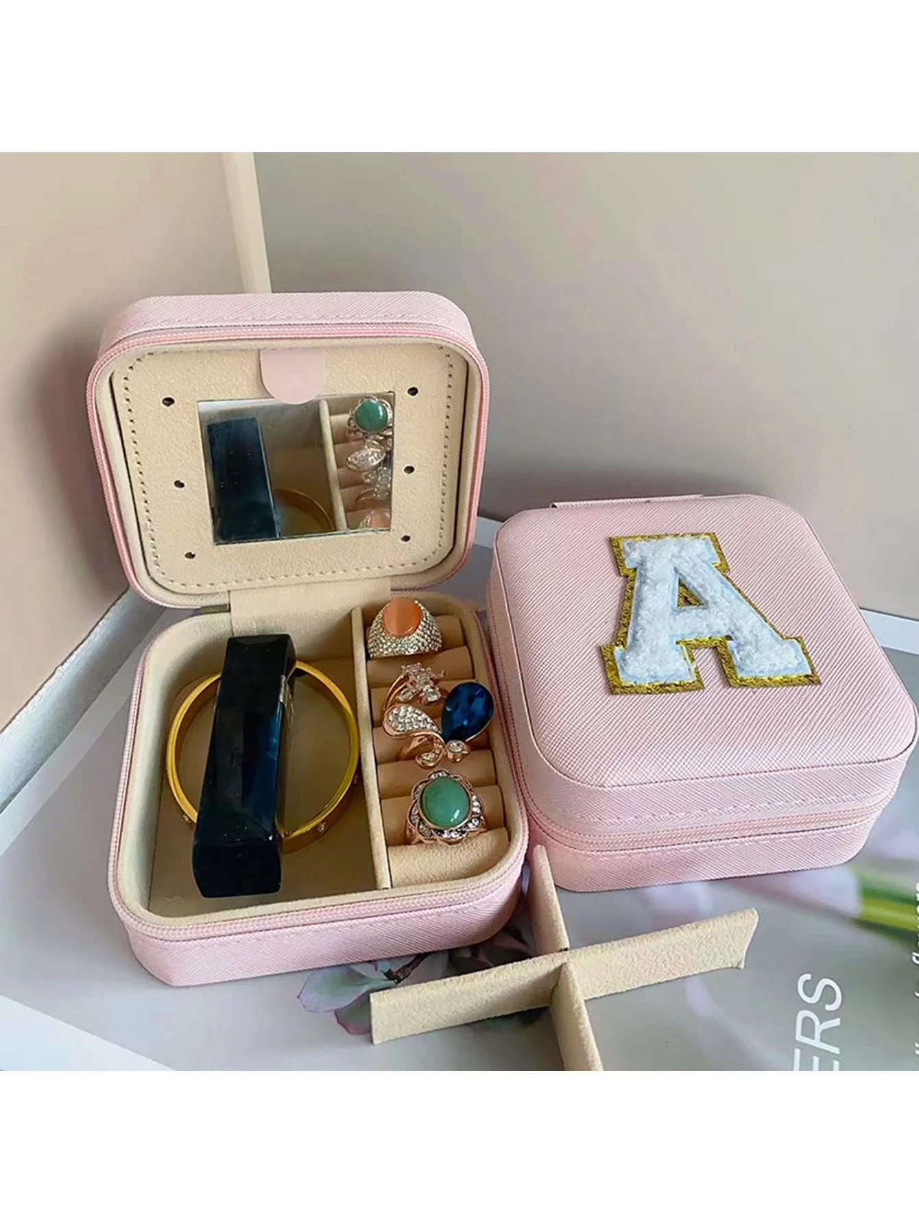 Travel Jewelry Case for Women Girls,Portable Jewelry Box with Letters 2-Layer Jewelry Storage Mini Jewelry Case Travel Must Have