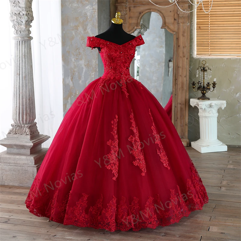 New Dark Red Quinceanera Dresses Sweet Party Prom Dress Lace Appliques Off Shoulder Ball Gown Custom Color Vestidos Plus Size