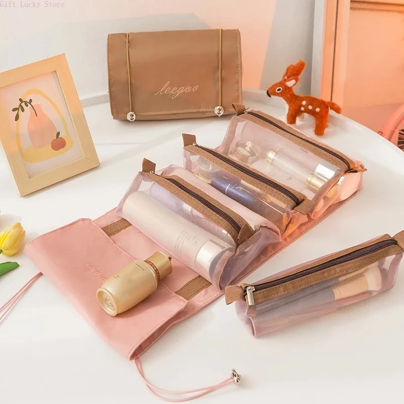 Tragbare 4-in-1 abnehmbare multifunktionale Make-up-Kulturbeutel, Netz-Kulturbeutel, faltbare Reise-Kosmetik-Aufbewahrungstasche zum Aufhängen