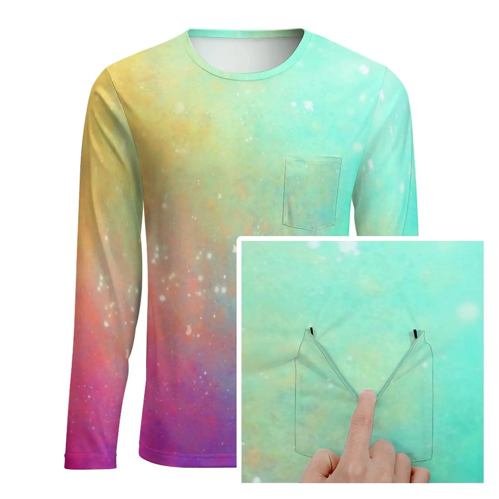 Colorful Galaxy Sky T Shirt With Pocket Rainbow Print Cool T-Shirts Men Fun Tee Shirt Long Sleeve Custom Top Tees Large Size 5XL