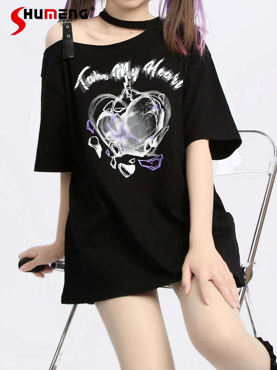 

Street Punk Sweet Cool Girl Halterneck Strap Off-Shoulder Round Collar Short Sleeve Loose Casual T-shirt Topd Women Summer 2024