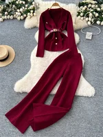 SINGREINY Office Lady Knitted Suits Female Long Sleeve Notched Collar Tops+Wide Legs Pants Women Winter Fashion Thick 2pcs Set - Image 5