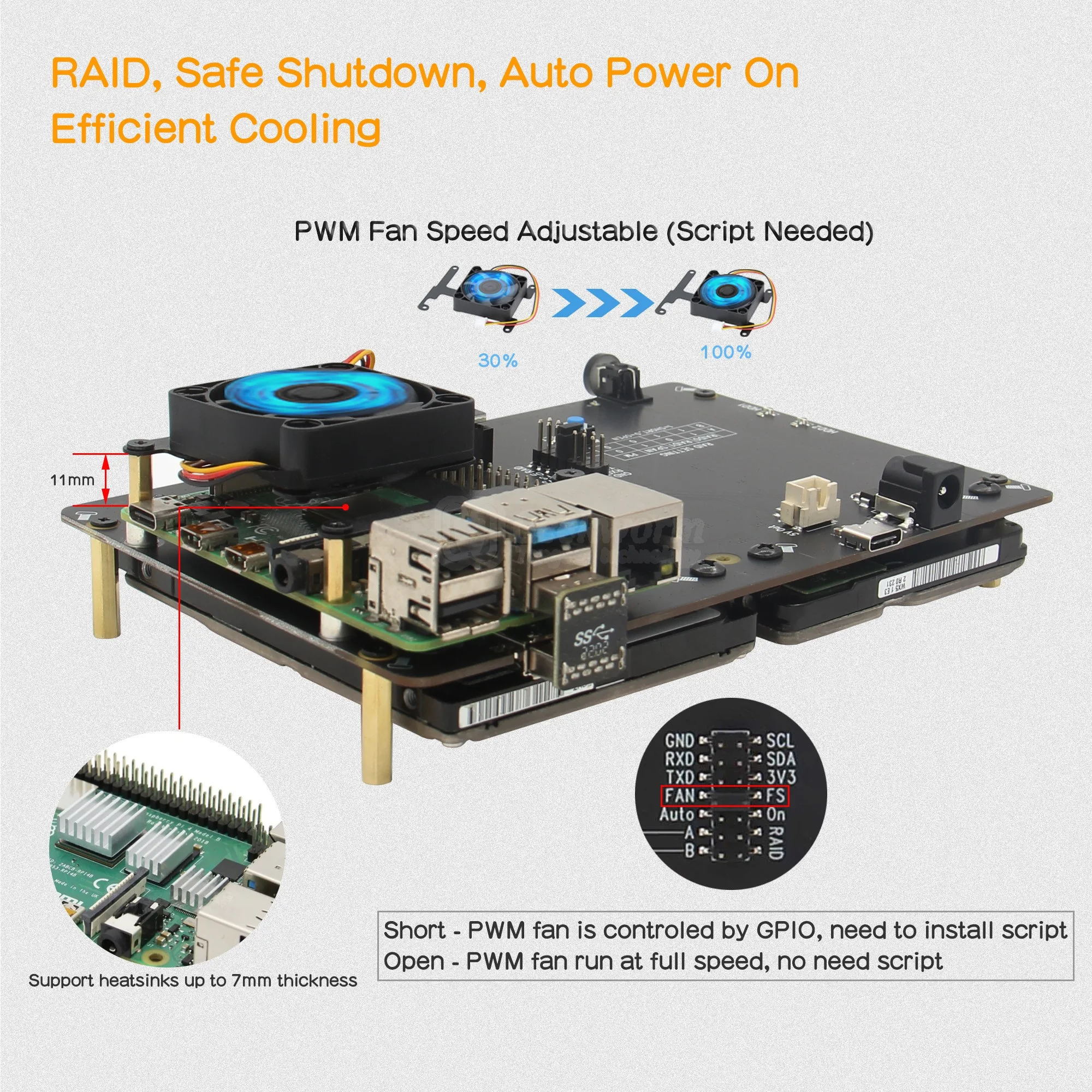 Top NASPi Gemini Dual 2,5" SATA HDD/SSD NAS-behuizingsset met PWM-ventilator, RAID, veilige uitschakeling en automatische uitschakeling voor Raspberry