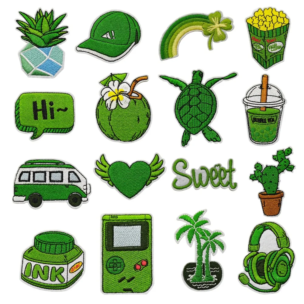 1 pc Embroidered Green Patches Iron On Rainbow Pineapple Turtle Coconut Heart Drinks Stickers Diy Cartoon Appliques Sewing Badge