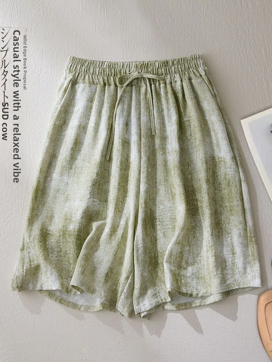 

plus Size Ice Silk Dyed Shorts Women's Summer Thin High Waist Wide Leg Loose Casual Five-Quarter Length Drawstring Elastic Waist