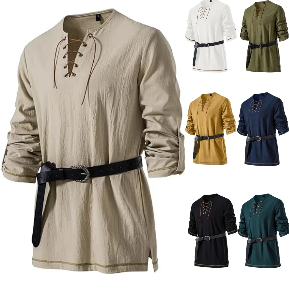 Men Vintage Medieval Tie‑Front Long‑Sleeve Shirt With Belt, Renaissance Viking Pirate Halloween LARP Cosplay Top for Daily Wear