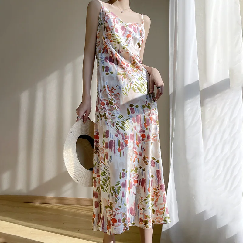 Floral Satin Long Maxi Dress V-Neck Sleeveless Korean Harajuku Style Summer Party Elegant Luxury Women\'s Sexy Gown