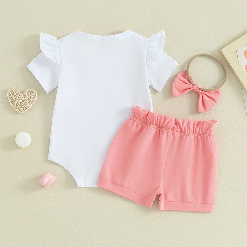 

Baby Girls Clothes Summer Outfits Letter Print Short Sleeve Rompers with Bowknot Shorts Headband 3Pcs Clothes Set