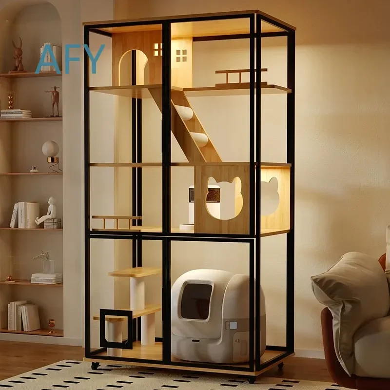 Large Panoramic Automatic Cat Litter Box for Multiple Cats LED Glass Enclosure Cat Villa Balcony Cat Room Large Space Cage