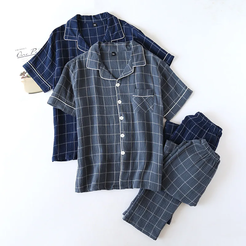 Men's Spring Summer Cotton Pajamas New Short-Sleeved Trousers Home Clothes Suit Lightweight for Hotel Use