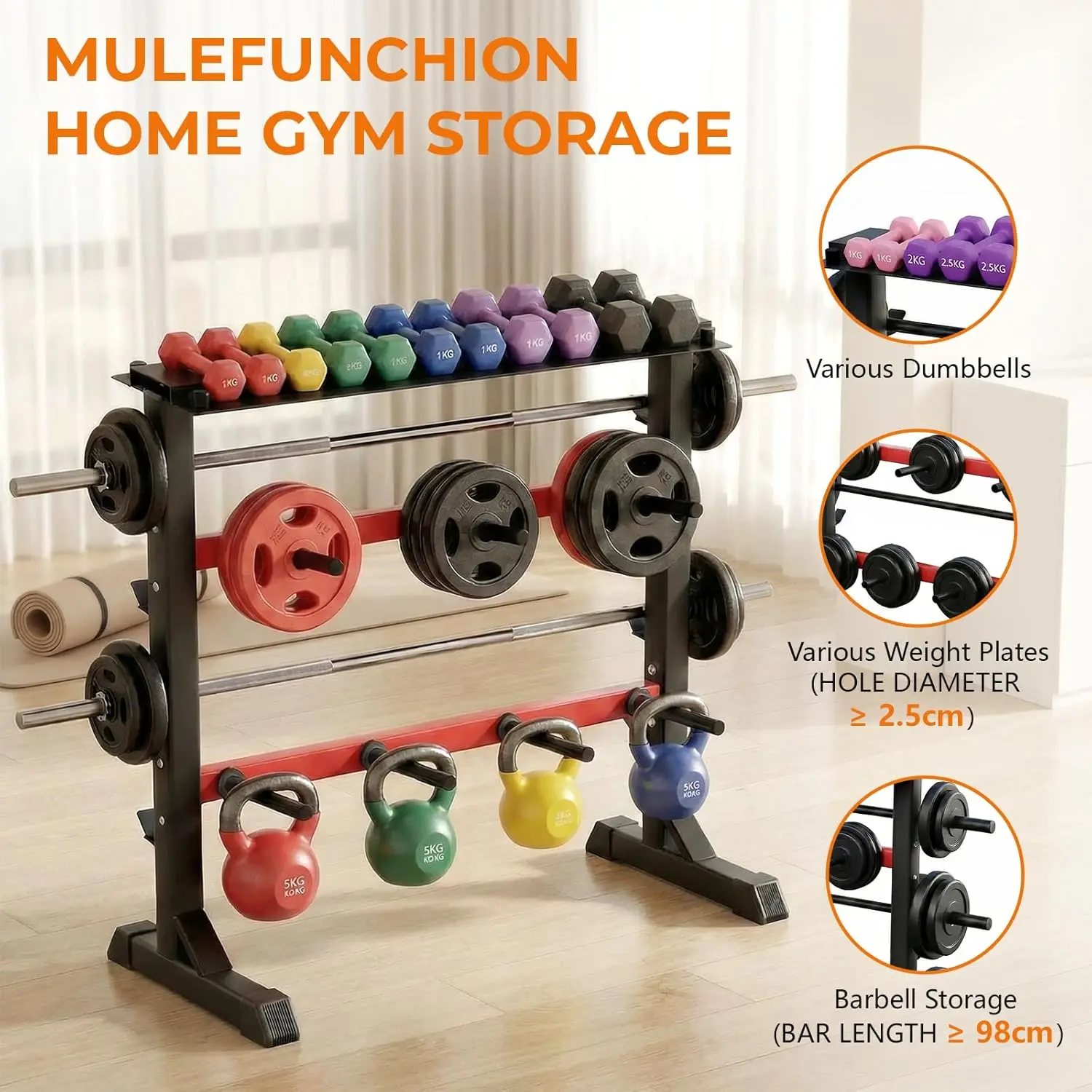 Support de rangement 3 niveaux en acier pour haltères et barres, support de plaques de poids, support de poids pour salle de sport à domicile jusqu'à 300 kg, 95 x 46,5 x 100 cm