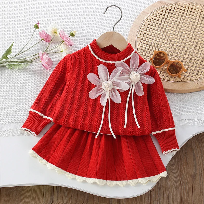 

Girls Dress Clothes Sets Autumn Winter Children Woolen Jersey Sweaters Tops Skirts Kids Princess Suit For Baby Knitted Outfits 4