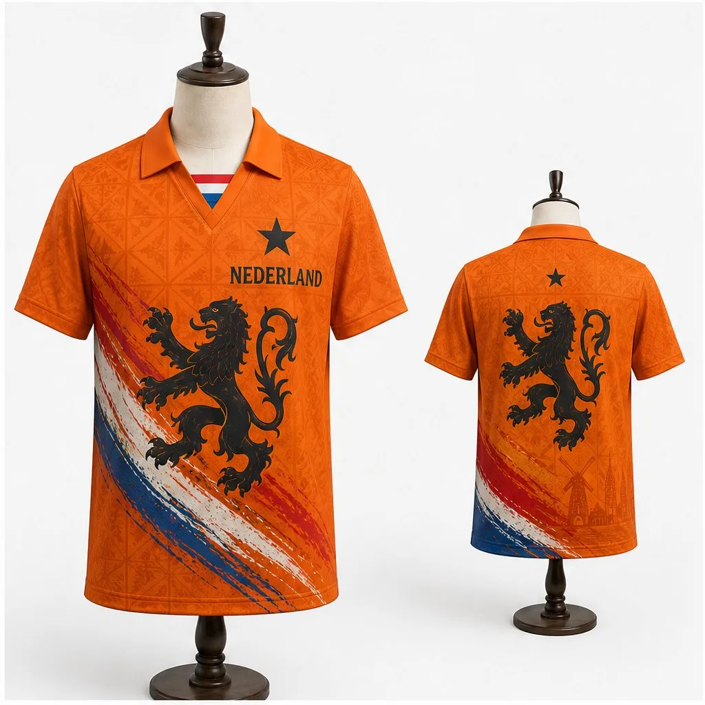 Mens Nederland Lion Brush Stripe Graphic Semi Polo V Neck T Shirt Short Sleeve Casual Orange Dutch Pride Jersey Top Heritage Fit