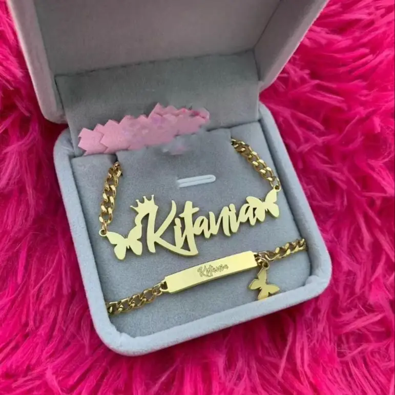 

Корона на заказ, резьба по виде бабочки, имя, ожерелье, браслет для женщин, цепочка Кубы из нержавеющей стали, табличка с именем, комплект ювелирных изделий, лучшие подарки