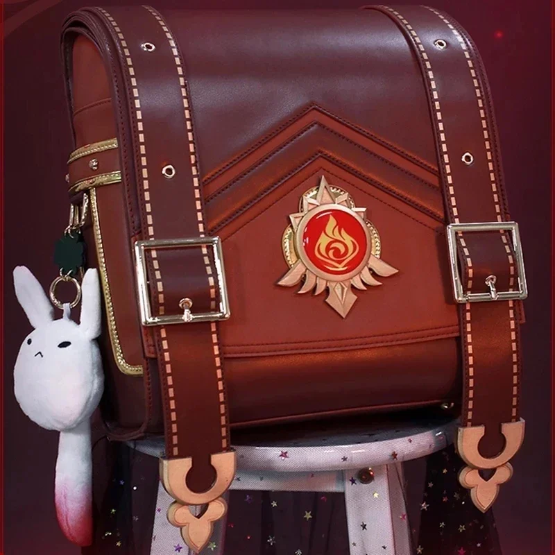 Anime Genshin Game Klee Spark Knight Girls Cute PU Leather Backpack Women Cosplay Costume Wig Accessories Props