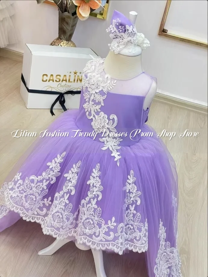 Lilac สีม่วงดอกไม้สาวชุด ropa de niña Elegant Beaded Appliques แขนกุด Chapel Train Mini Poncho ที่กําหนดเอง FBساتة