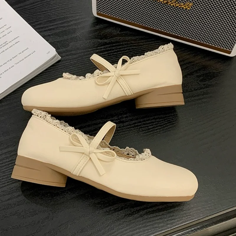 Primavera verão feminino novo temperamento retro suave emparelhado com saia salto grosso boca rasa sapatos únicos confortáveis