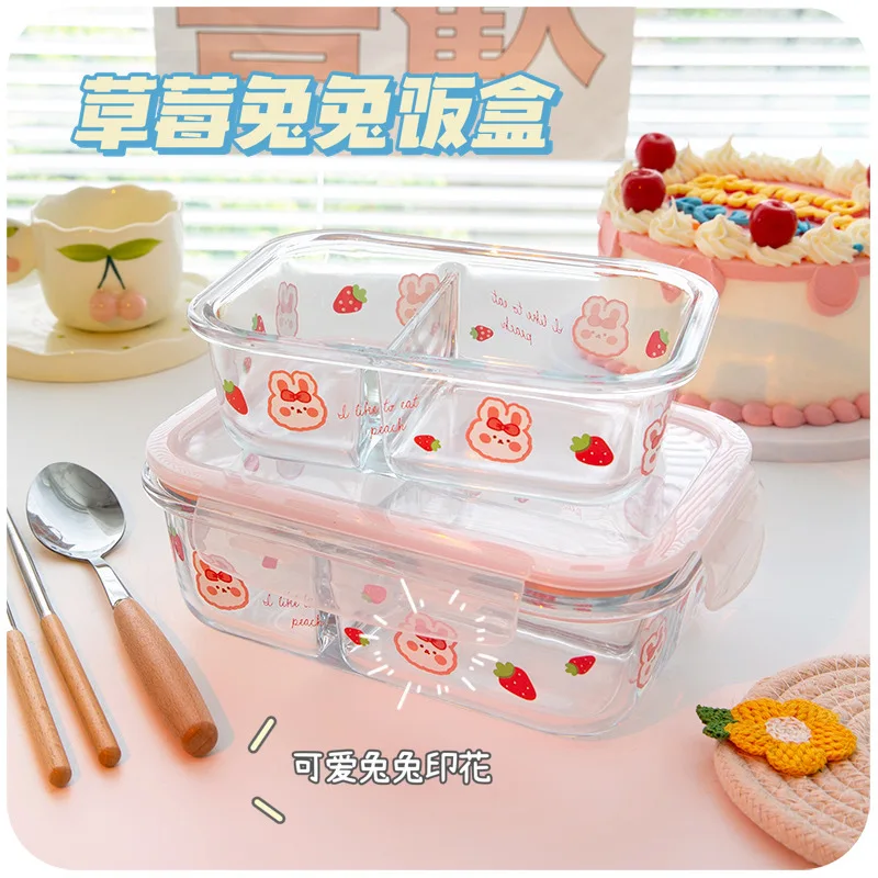 

cartoon Glass Lunch Box for Kids Student Meal Prep Containers Microwave Bento Box with Compartment Food Leakproof Storage Box