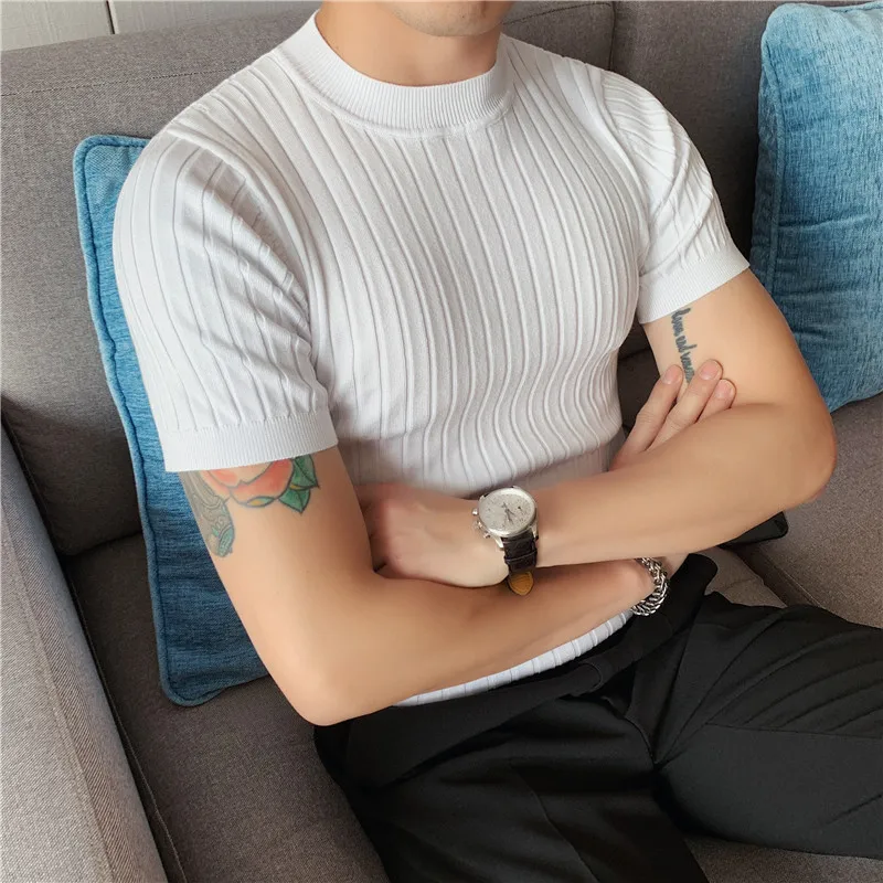 2023 New Style Men High Grade Solid Color Stripe Knit T-shirt/Male Slim Fit Fashion High Collar Short Sleeve T-shirt Black White