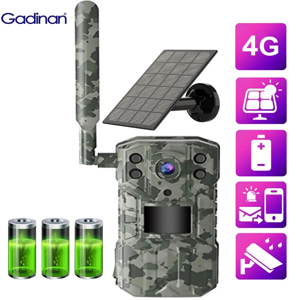 

Gadinan 4G SIM Card Solar Outdoor Hunting PIR Trail Motion Detection Activated 30M Night Vision IP66 4K 14MP Wildlife Camera