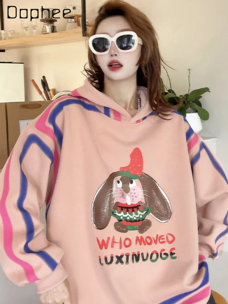 

Cartoon Rabbit Pattern Long-Sleeved Hooded Coat Female 2024 Spring New Loose Mid-Length Printed Pullover Cotton Women's Clothing