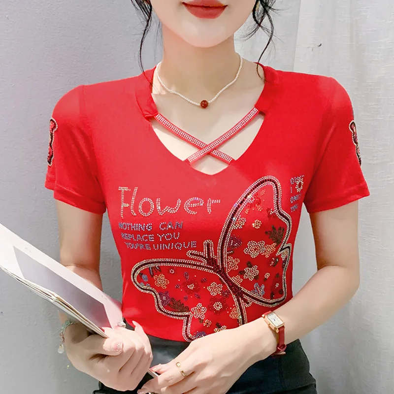 New Summer Short Sleeved V-Neck Women\'s T-Shirt Elegant Slim Hot Diamond Mesh Tees Tops M-3XL Clothes