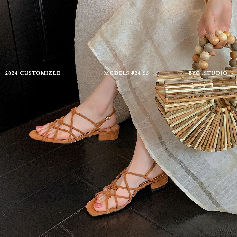 Women Sandals Narrow Band Retro Ladies Summer Sandals Gold Brown Roman Style Vintage Gladiator Shoes On Med Heel 3 CM