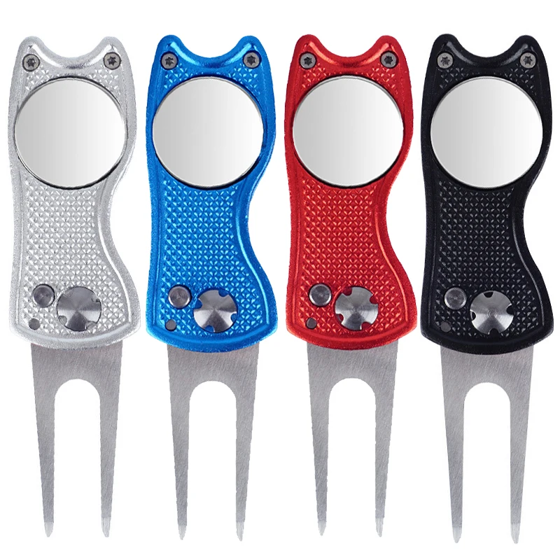 New Metal Foldable Golf Divot Tool with Pop-up Button and Magnetic Ball Marker Multi-Colors Golf Ball Tool Pitch Groove Cleaner