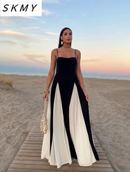 SKMY Black White Contrasting Women Sling Dress Fashion Backless Sleeveless High Waist Maxi Dresses Female Party A-line Robes