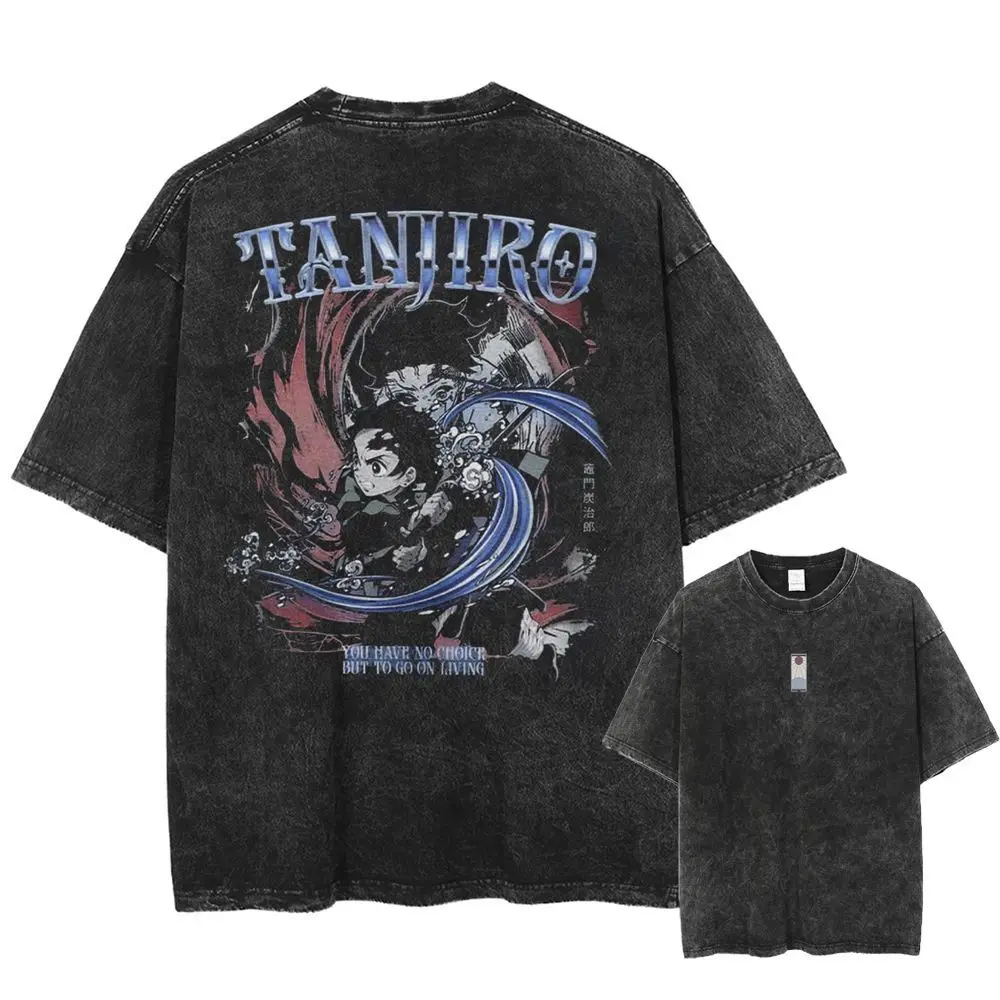 Retro Washed Anime Ghost Slayer Blade Men's and Women's Harajuku Style Loose Cotton T-shirt Popular Casual Slimming Plus Size
