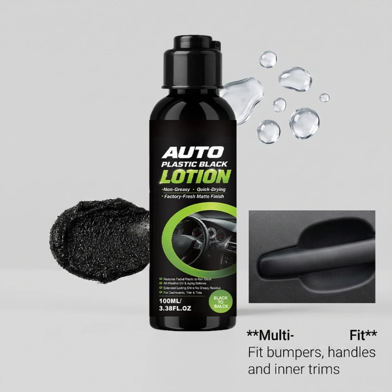 100ml Auto Plastic Renovator, Black Plastic Trim Care Lotion with Sponge and Towel for Applying Focused Care to Whitened, H9EE