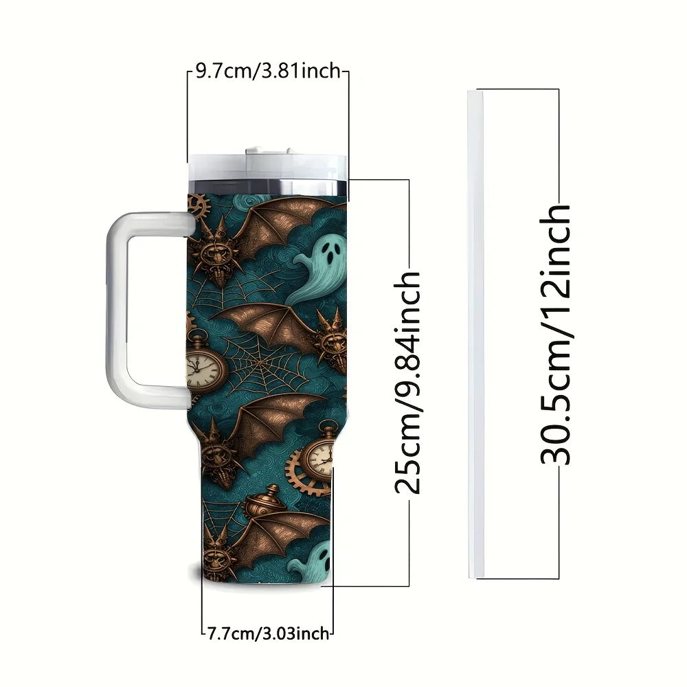 1ps Halloween and Christmas 40oz Insulated Tumbler with Handle and Straw Lid, Reusable Stainless Steel Water Cup for Daily Home Office Use, Retro Spooky Bat Gear Clock Spider Web Pattern Water Bottle for Outdoor Camping Travel