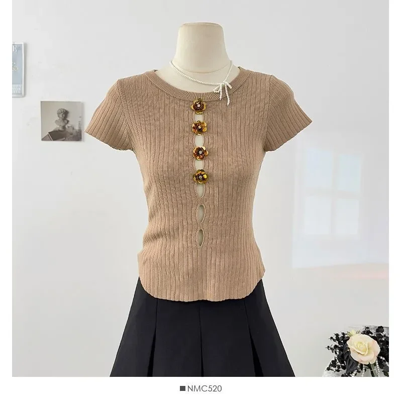 Women's Beige Ribbed Knit Short Sleeve Top With Decorative Buttons Casual Slim Fit Tee