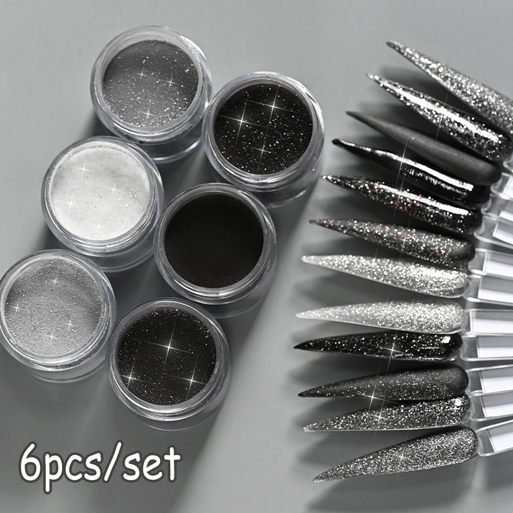 6개 세트 글리터 컬러 네일 아크릴 크리스탈 파우더 반짝이 폴리머 아크릴 파우더 프렌치 네일 연장 조각용 색소