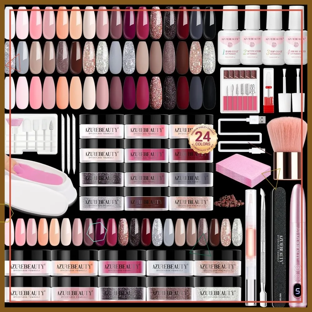 Kit Trapano Elettrico per Unghie con Polvere a Immersione in 24 Colori, Base, Top Coat e Attivatore per Set Manicure Portatile e Nail Art Francese