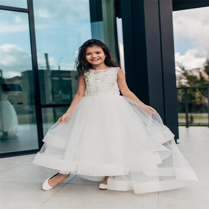 

\Flower Girl Dresses Pink Tulle Puffy Appliques Top A-line Long Sleeves For Wedding Birthday First Communion Princess Dress