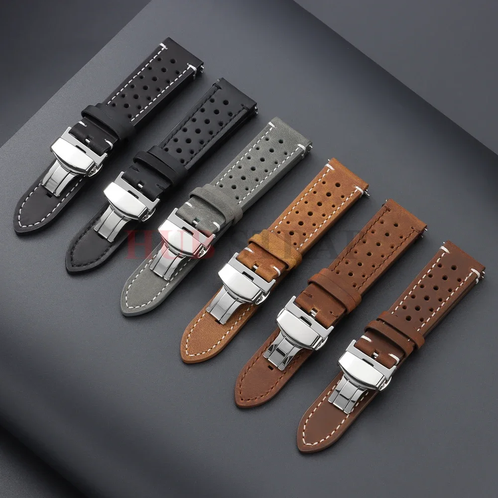 Atmungsaktive Poröse Schnellverschluss 18mm 19mm 20mm 21mm 22mm 24mm Vintage Racing Leder-Uhrenarmbänder für Seiko für Rolex Uhrenarmbänder – Detail 9