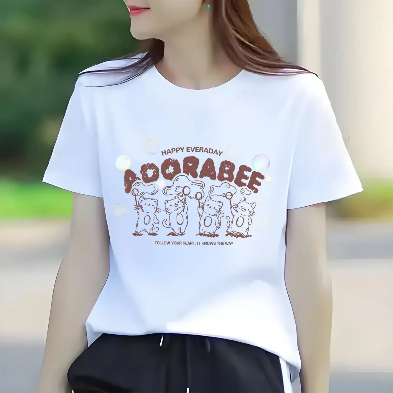

Cute Bubble Kitten Letter Printed Women's Short sleeved T-shirt Summer Round Neck Versatile for Daily Use