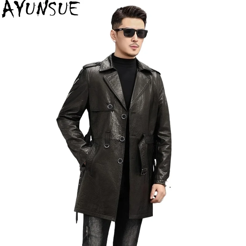 

AYUNSUE Men Genuine Calfskin Leather Trench Coat Man Clothing Soft Leather Outerwear Windbreaker Loose Real Cow Leather Jacket