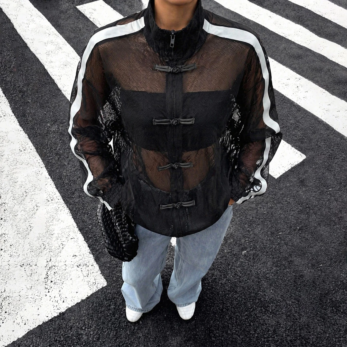 Damenjacke im chinesischen Stil mit Froschknöpfen, durchsichtigem Mesh-Material, Stehkragen, Streifenmuster, langen Ärmeln, transparent, Streetwear-Cardigan – Detail 5