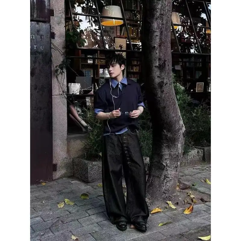 Men's Long Buckle Design Black Jeans Street Sweatpants Casual Pants Wide Legs Cool Boys Spring Bottom Male High Waist Trousers
