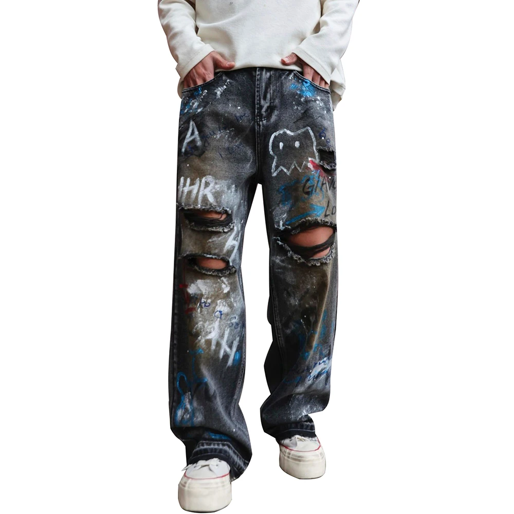 Men Ripped Jeans Hip Hop Graffiti Print Painted Loose Baggy Pants Release Hem Holes Distressed Black Cotton Trousers