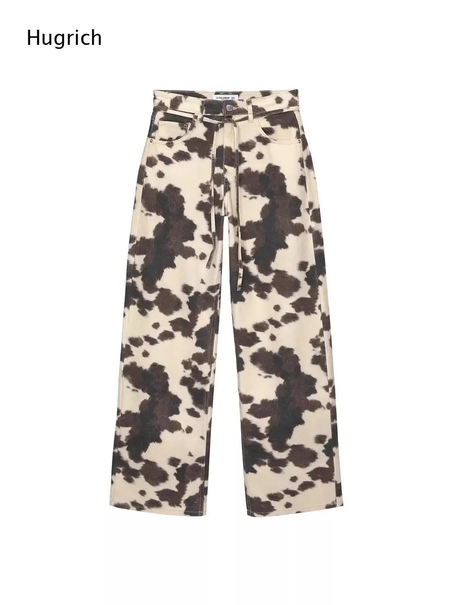 Ladies Loose Cow Pattern Wide Leg Trousers High Waist Drawstring Straight Leg Soft Lightweight Everyday Casual Pants