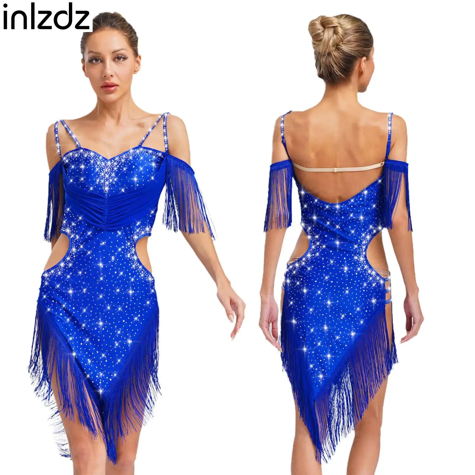 المرأة اللاتينية الرقص تشا تشا تانجو أداء زي انقطاع عارية الذراعين السباغيتي الأشرطة هامش الراين يوتار فستان Dancewear