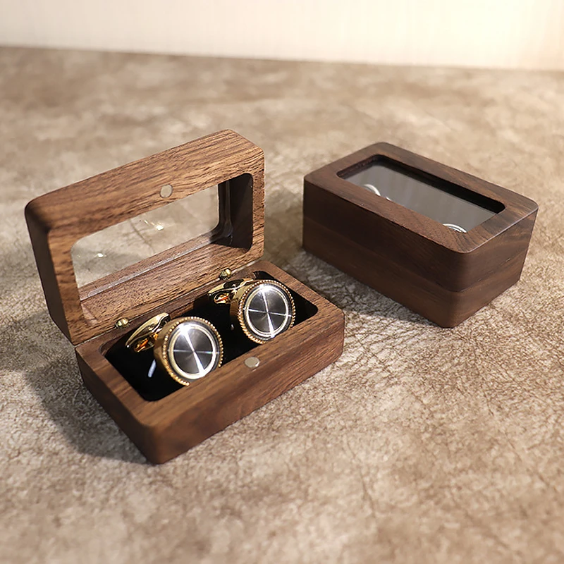 Solid Wood Black Walnut Window Exquisite Cufflink Box Sleeve Nails French Cufflink Collar Clip Box Package Gift Box