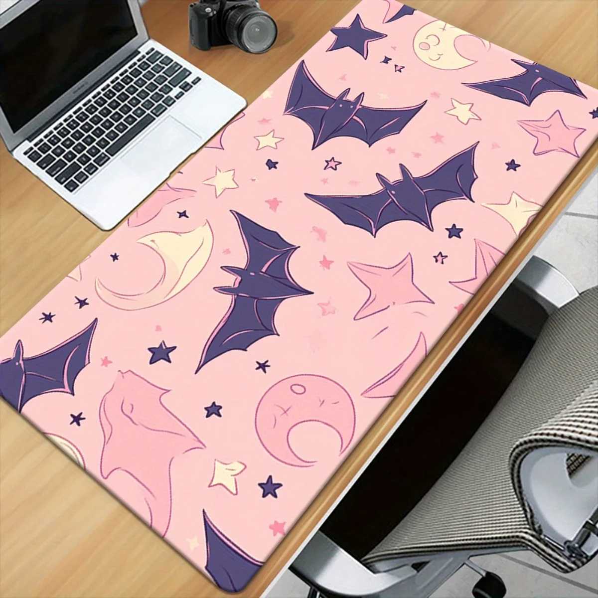 

1pc Pink with Bats and Stars Pattern XXL Mousepad - HD Printed, Non-Slip Rubber Base, Large Desk Mat for Gaming, Office, and PC