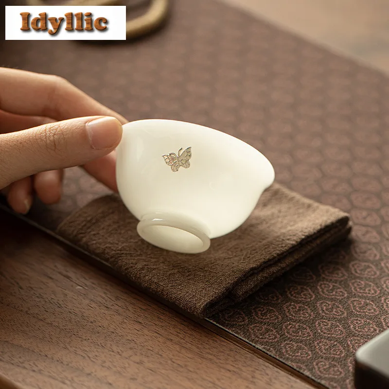 2pc/lot Ice Jade Fat Silver Butterfly Teacup Vintage Tea Bowl Tea Cup Set Tea-tasting Meditation Cup Chazhan Master Cups 50ml