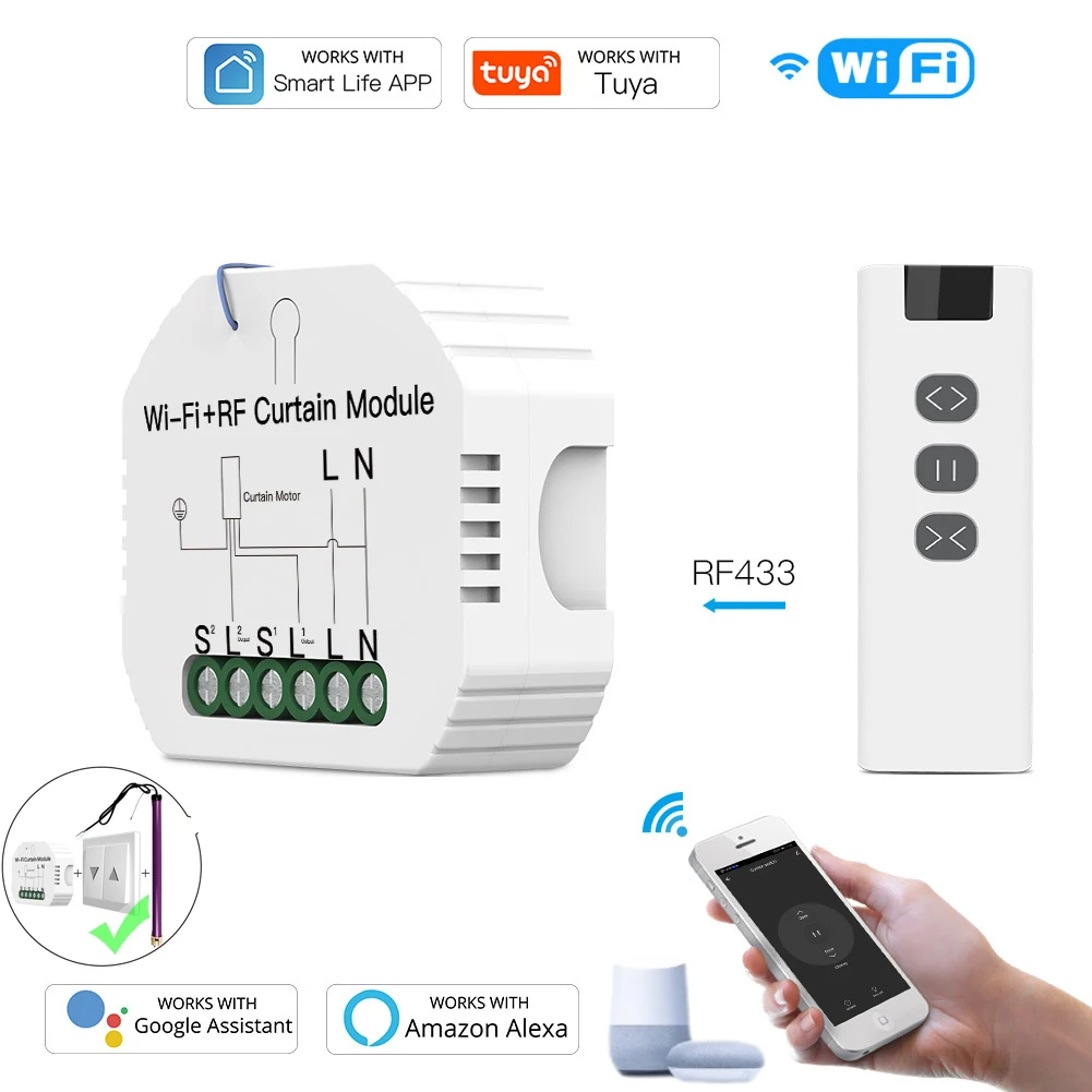 WiFi Tuya RF Smart Home Curtain Intelligent Switch APP Timed Schedule Remote Control Curtain Switch Relay on/off Device Alexa