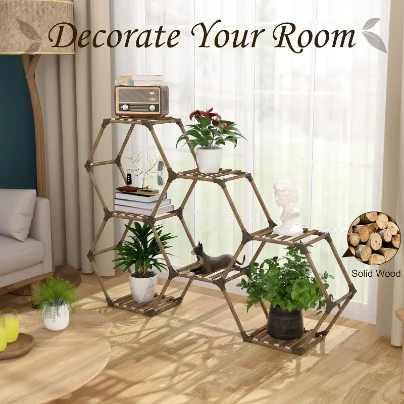 Allinside Hexagonal Plant Stand, 7-Tier Wooden Indoor Outdoor Shelf for Plants, Transformable Ladder Holder