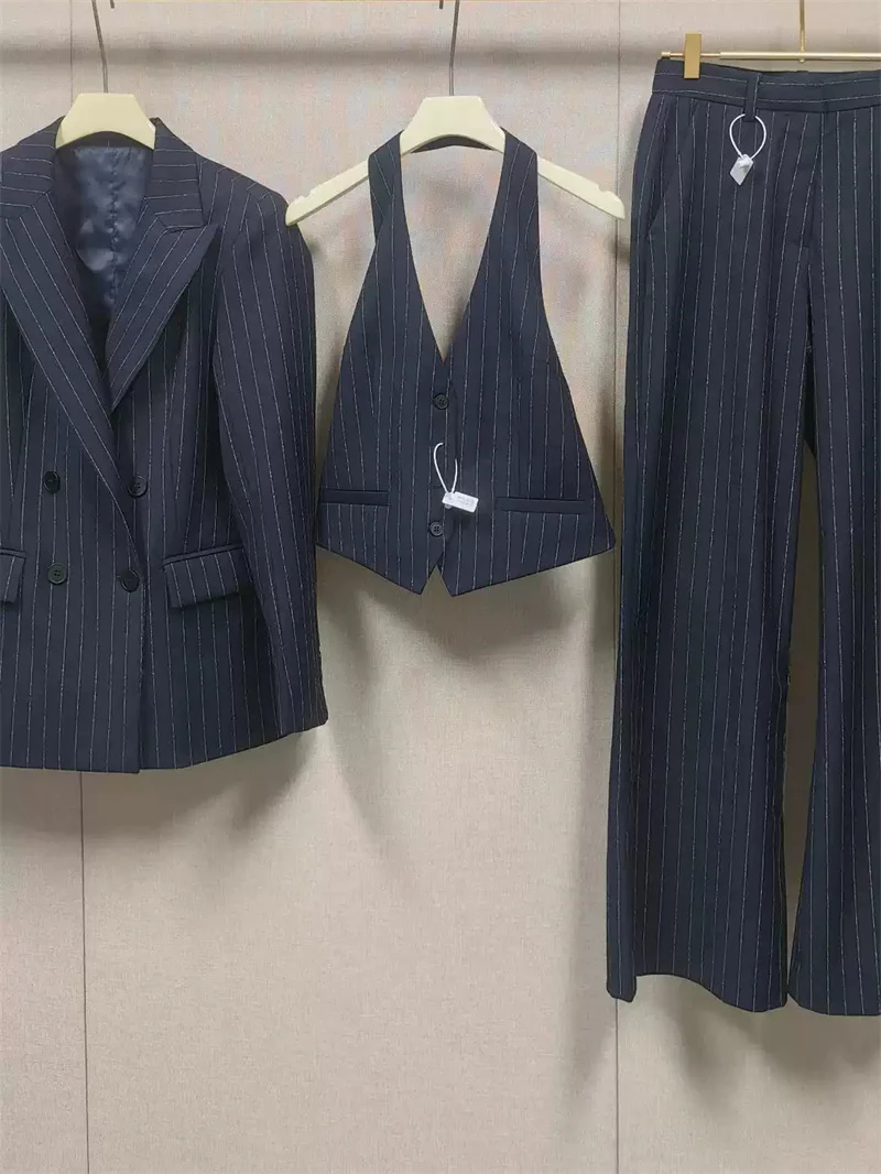 Women's Long Sleeve Jacket Top ,backless Vest Top or Zipper Long Pants Early Autumn Shiny Stripes Double Breasted Blazer Coat